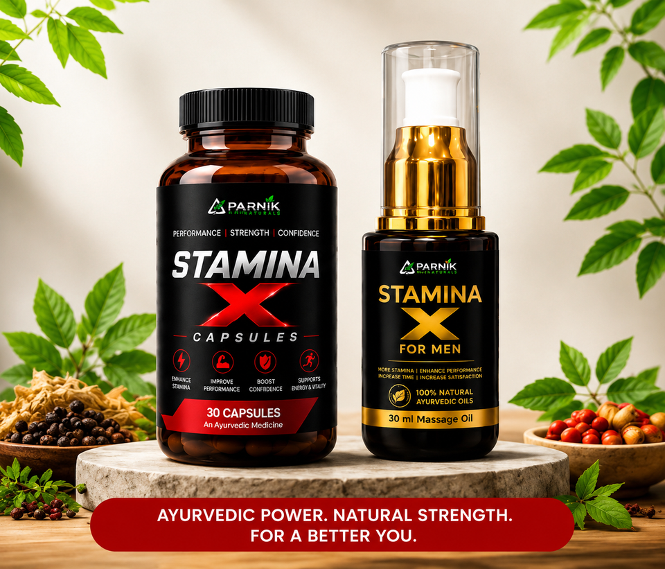 Parnik Naturals Stamina X Capsules &amp; Massage Oil Combo | Ayurvedic Herbal Wellness &amp; Vitality Support