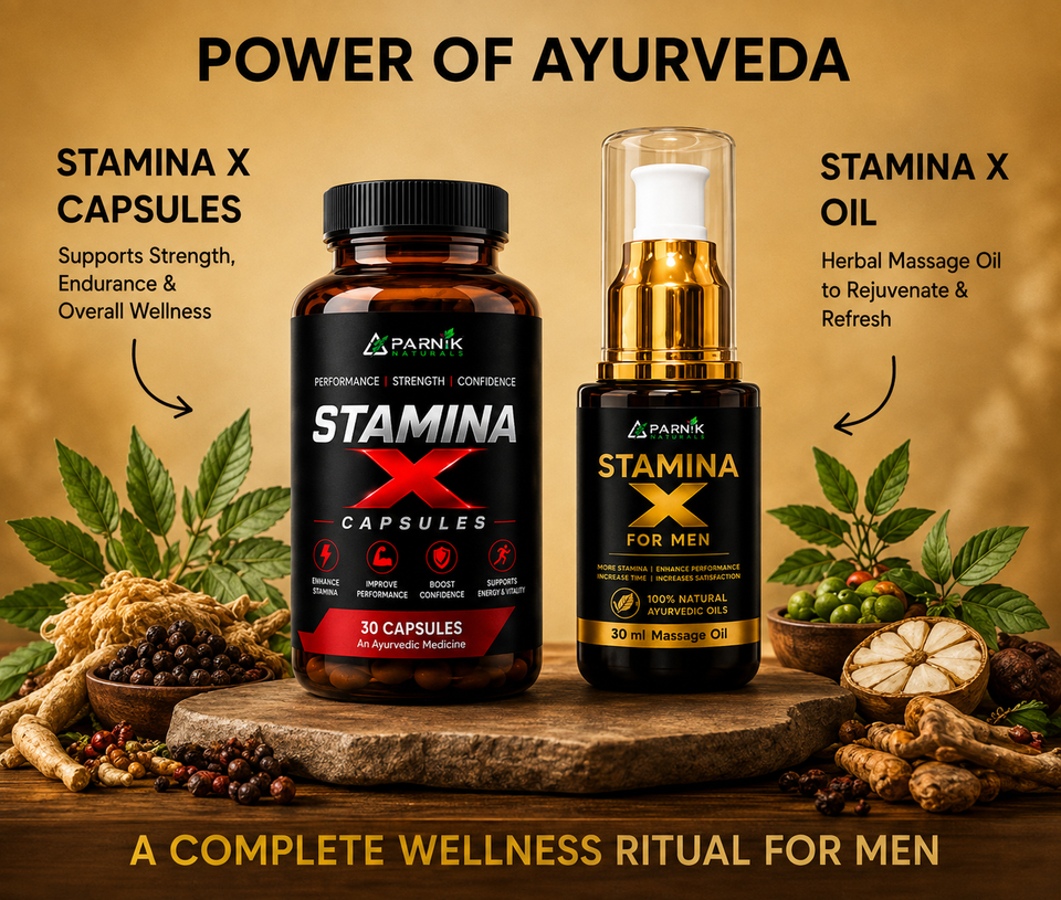 Parnik Naturals Stamina X Capsules &amp; Massage Oil Combo | Ayurvedic Herbal Wellness &amp; Vitality Support