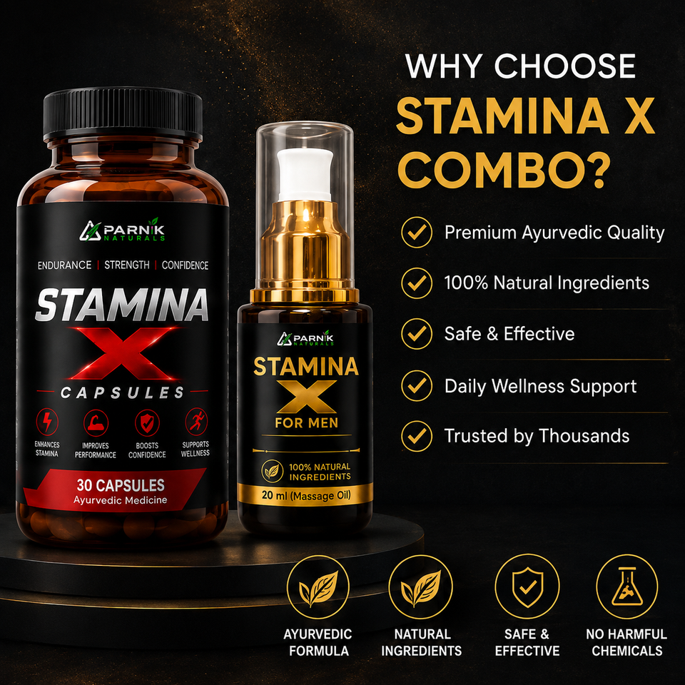 Parnik Naturals Stamina X Capsules &amp; Massage Oil Combo | Ayurvedic Herbal Wellness &amp; Vitality Support