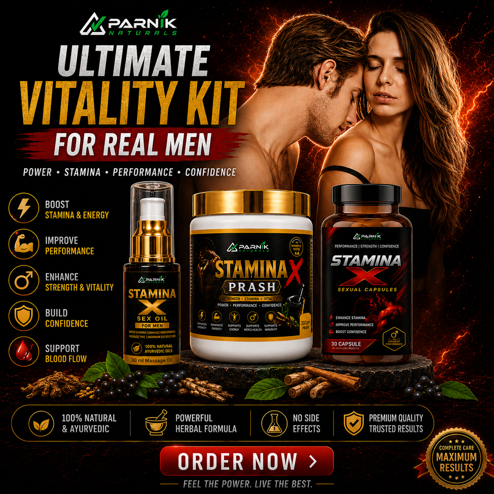 Parnik Naturals Stamina X Ultimate Performance Kit | Prash 200g + 30 Capsules + 30ml Massage Oil | Men's Strength, Stamina & Confidence
