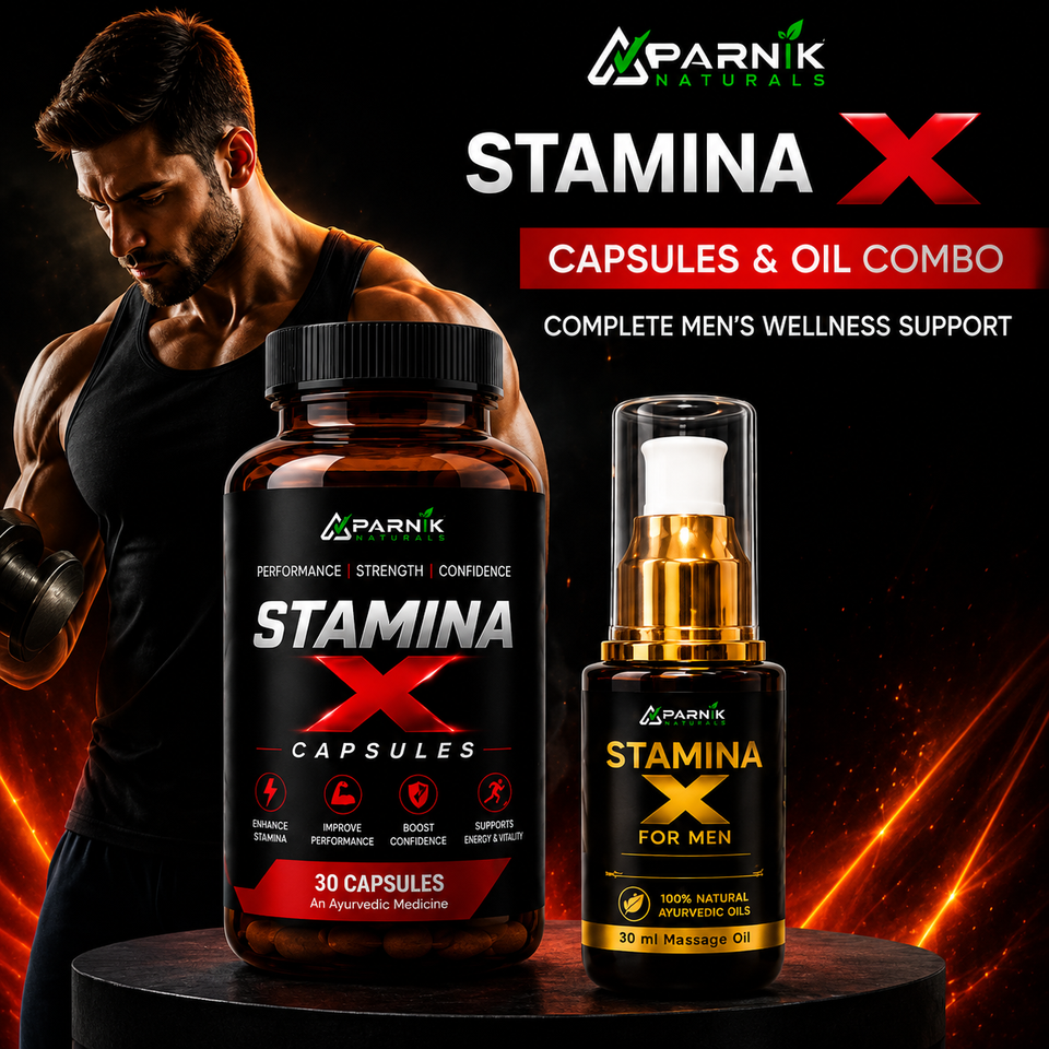 Parnik Naturals Stamina X Capsules &amp; Massage Oil Combo | Ayurvedic Herbal Wellness &amp; Vitality Support